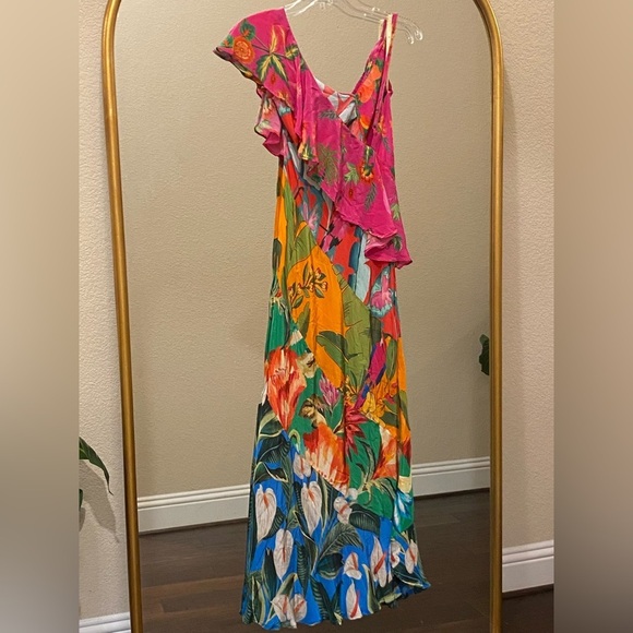 FARM Rio Mixed Flowery Ruffle One Shoulder Midi Dress Size M - Picture 9 of 16